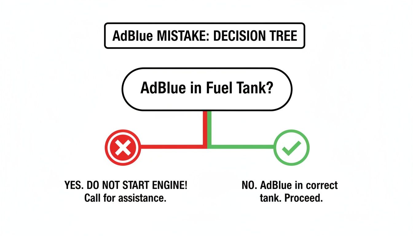 AdBlue mistake decision tree flowchart guides on what to do if AdBlue is in the fuel tank.