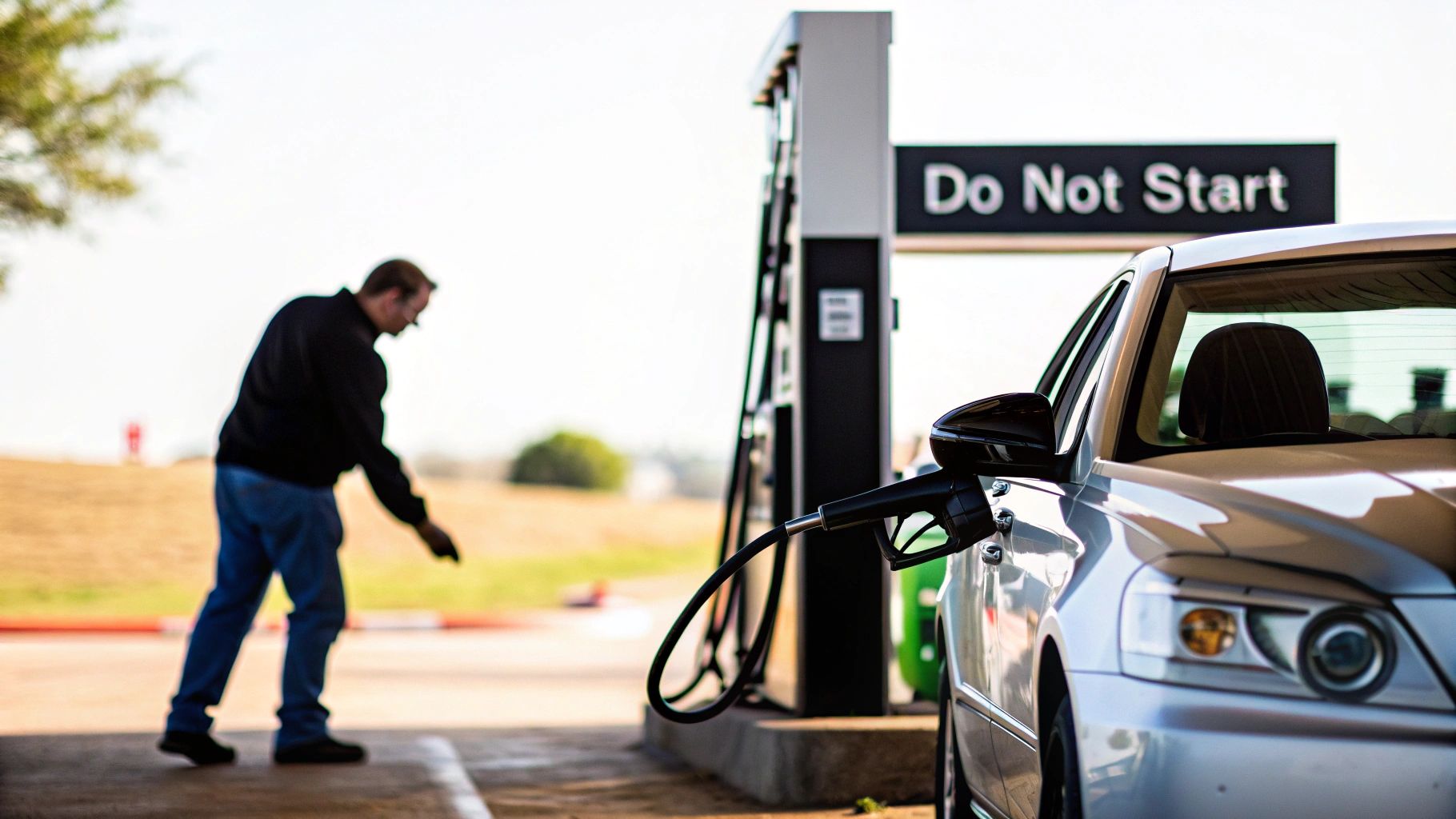 A car at a gas station with a fuel pump in its tank, a man and a 'Do Not Start' sign.