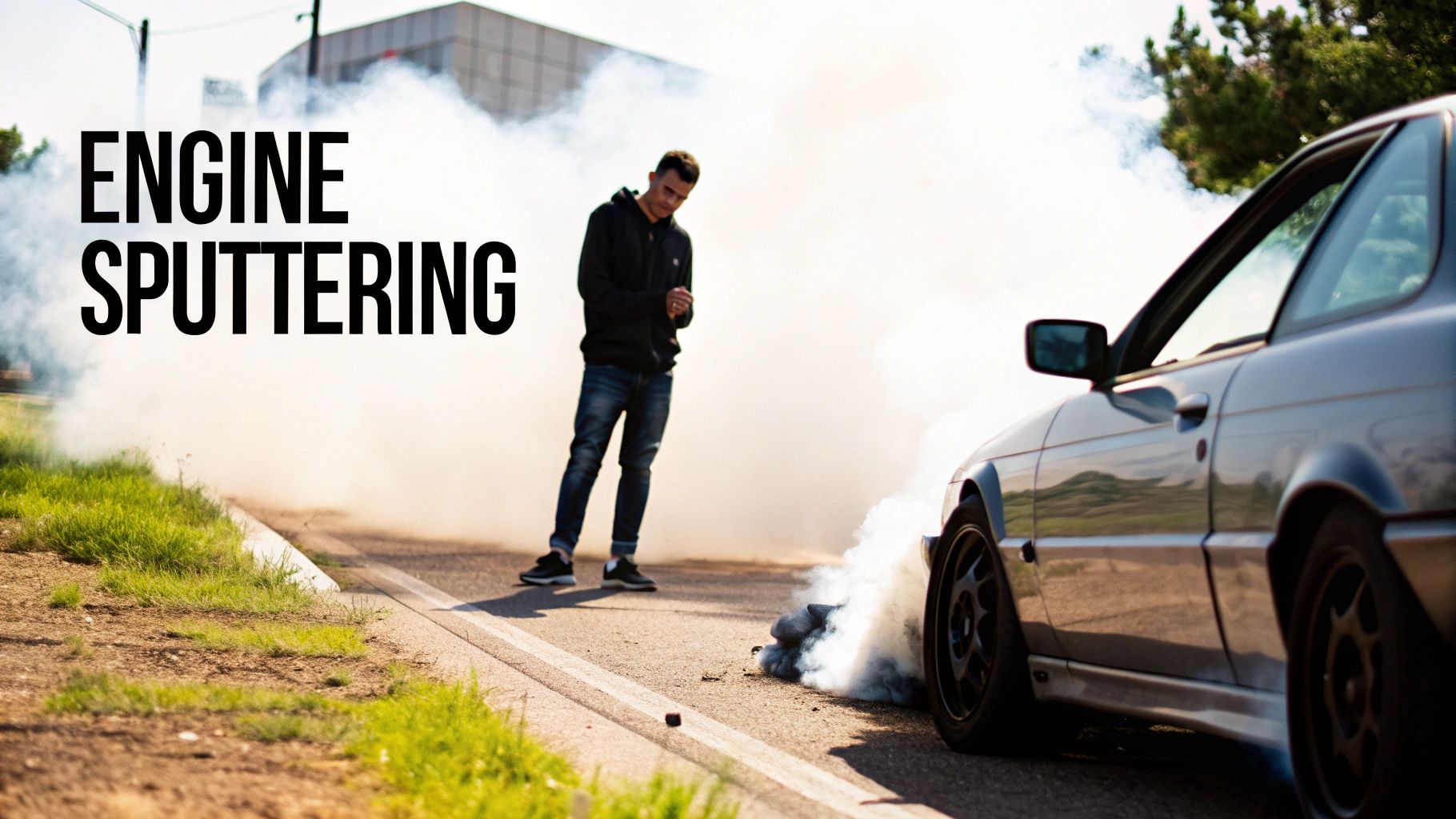 A man stands near a car with a smoking tire on a road, with 'ENGINE SPUTTERING' text.