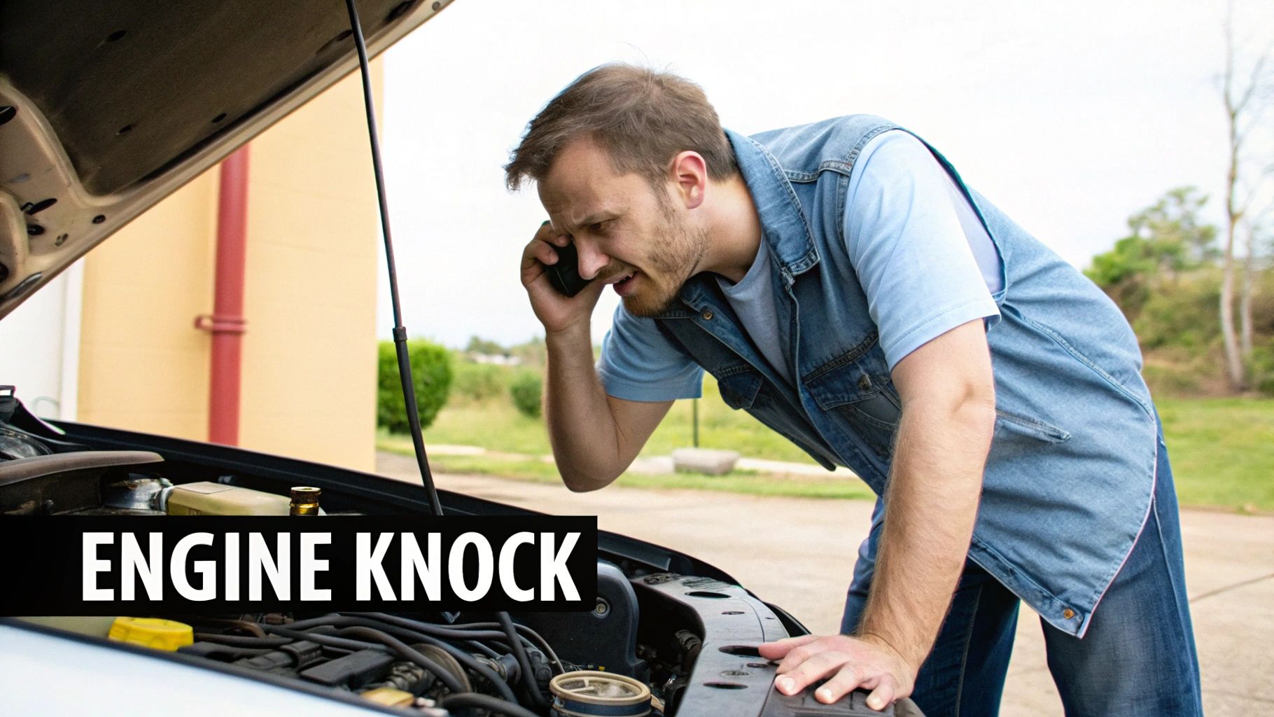 A distressed man talks on his phone, looking under the open hood of a car, with text "ENGINE KNOCK".