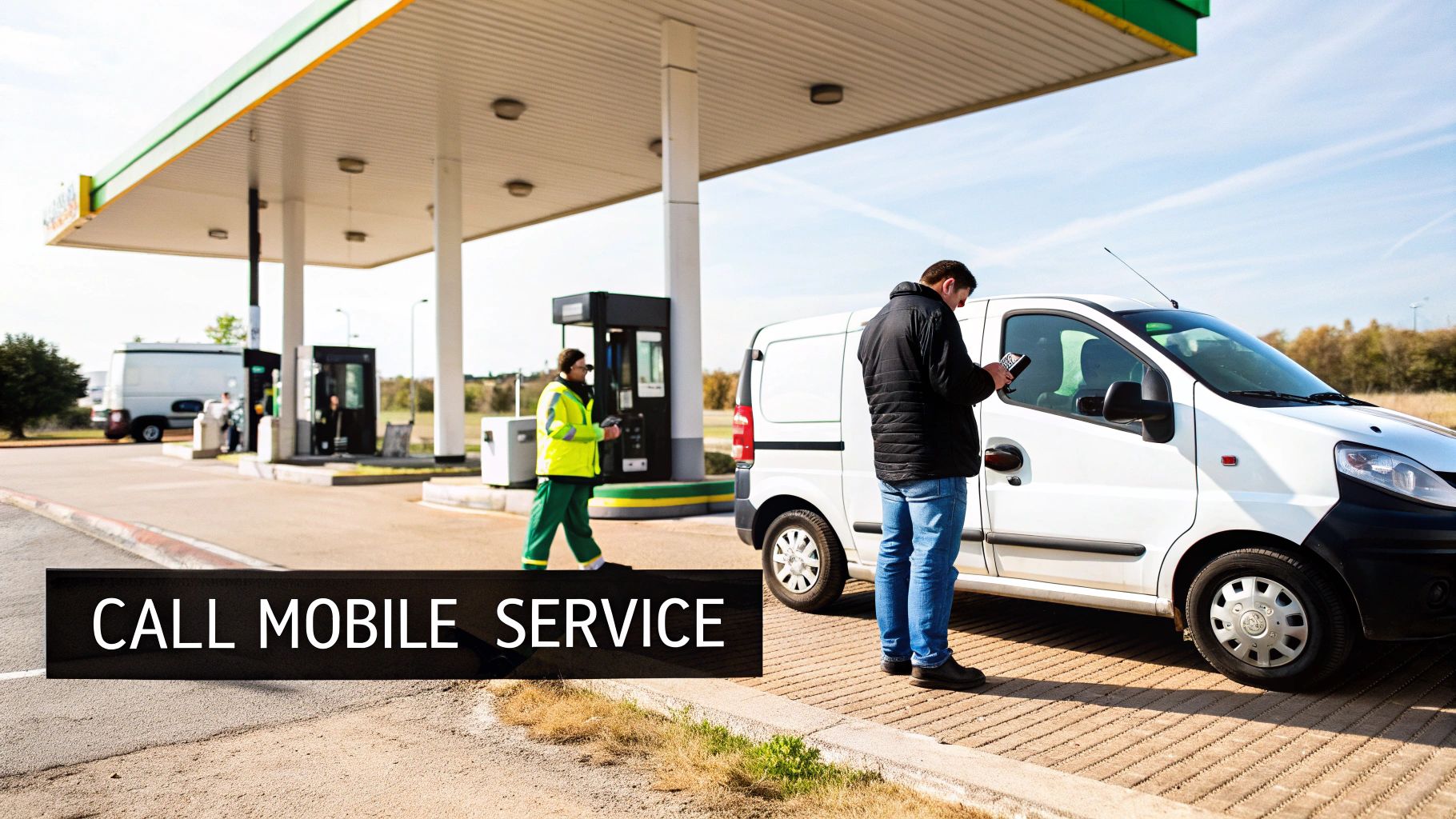 A man stands next to a white van at a gas station, on his phone, likely calling for roadside assistance.