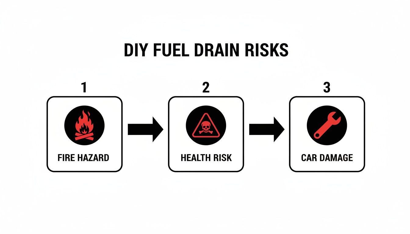 Infographic showing DIY fuel drain risks: fire hazard, health risk, and car damage.