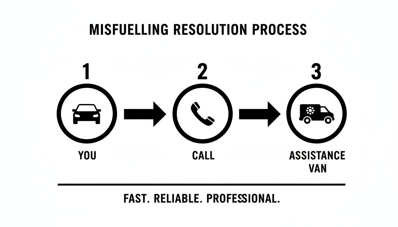 Flowchart illustrating a misfuelling resolution process: first you, then call, then an assistance van arrives.