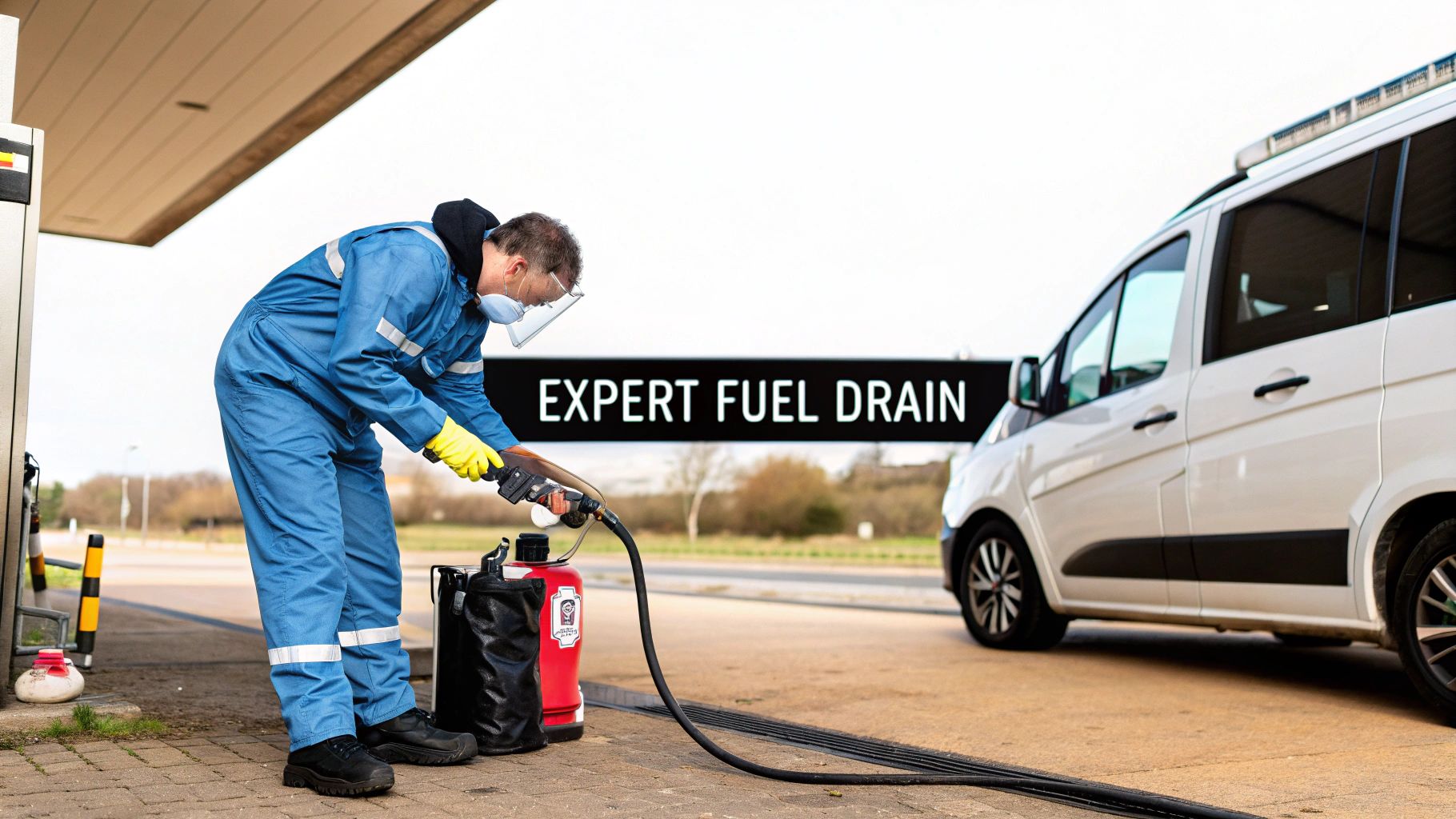 A technician in protective gear performing an expert fuel drain from a vehicle at a service station.