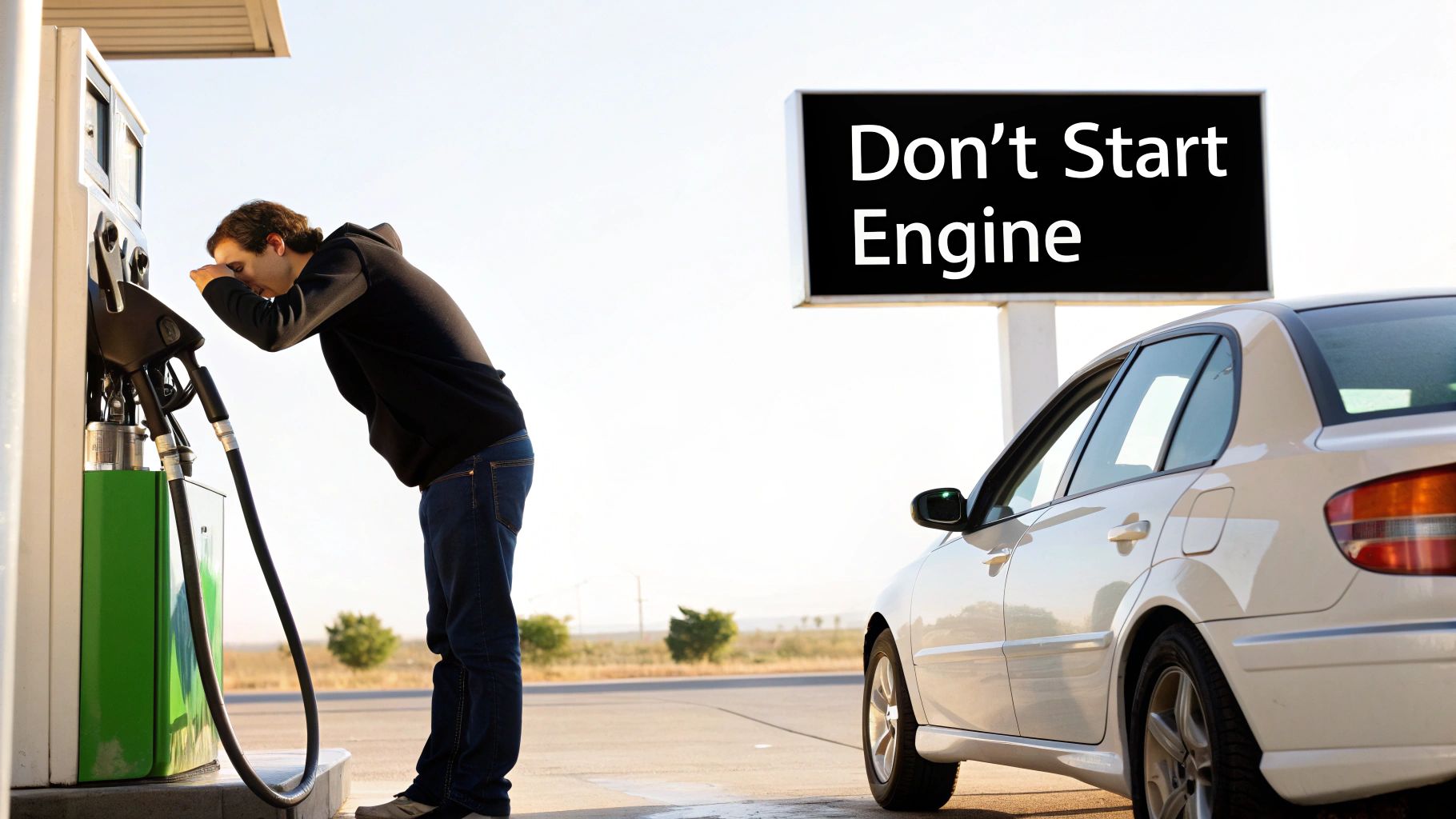 A person sniffs a gas pump nozzle at a fuel station, with a white car and a 'Don't Start Engine' sign.