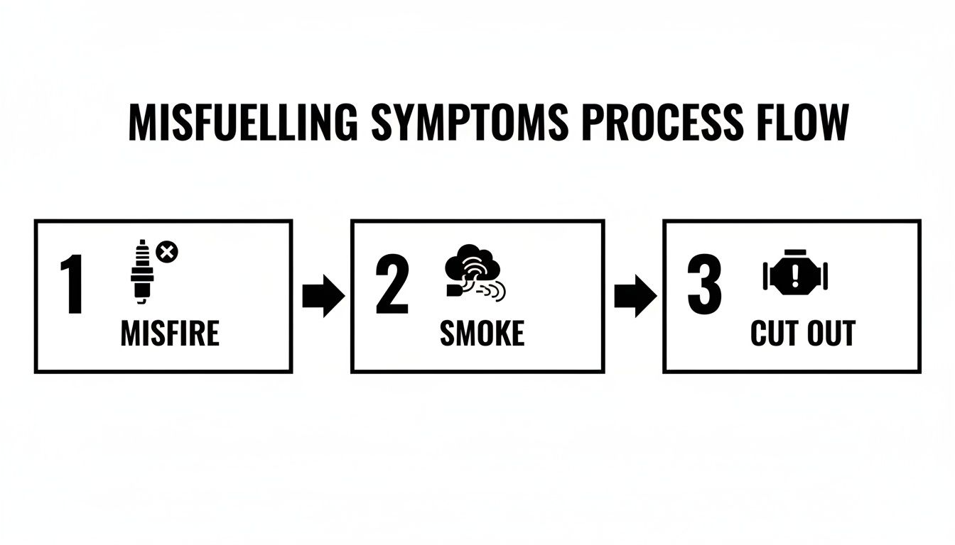 Process flow diagram illustrating misfuelling symptoms: misfire, smoke, and engine cut out.