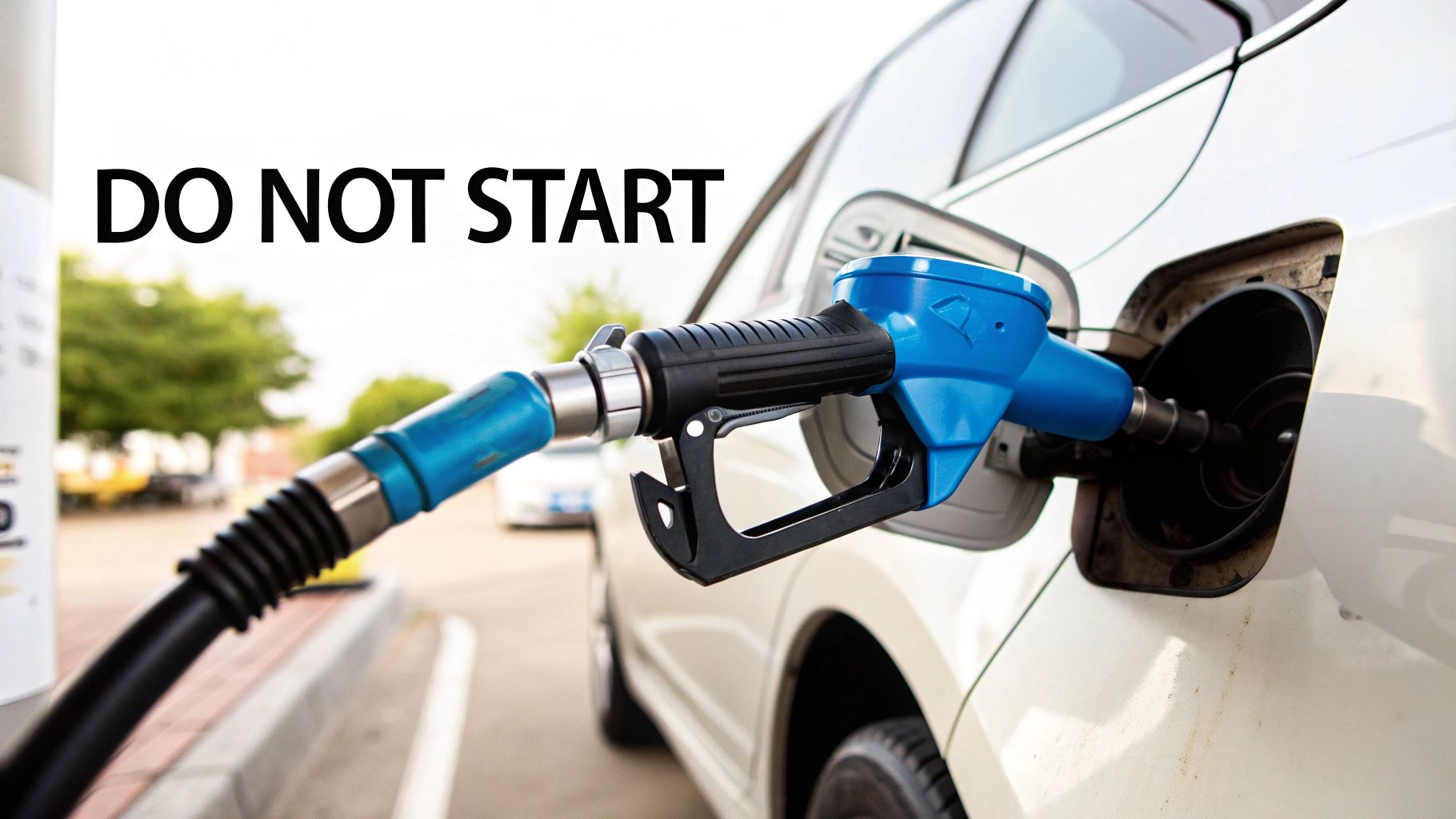 A blue fuel pump nozzle is inserted into a car's fuel tank, with a prominent 'DO NOT START' warning.