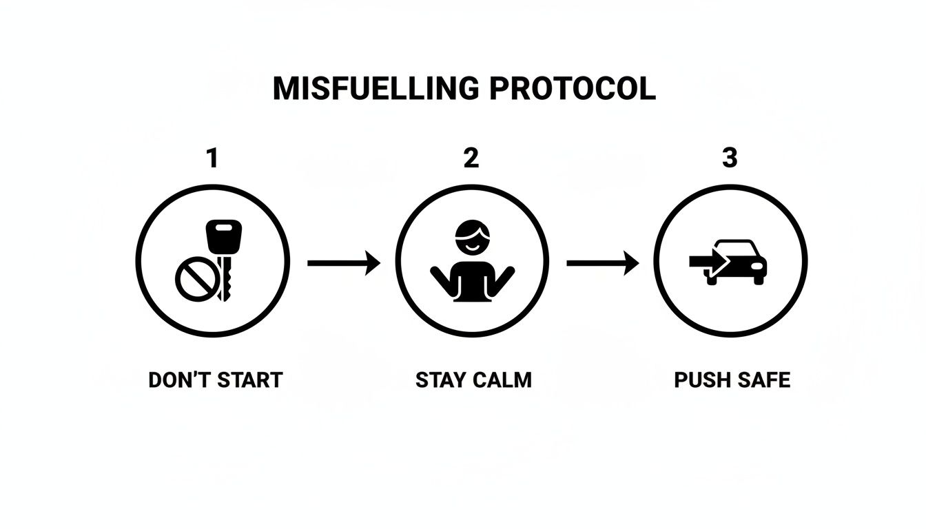 A misfuelling protocol diagram showing three steps: Don't start, Stay calm, and Push safe.