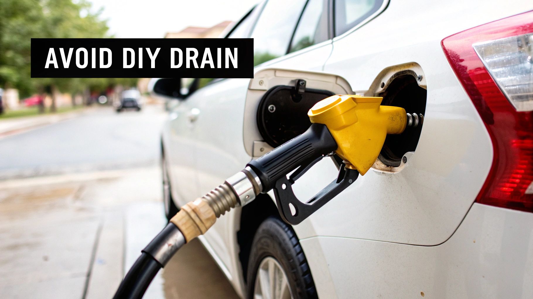 A yellow fuel nozzle is filling a white car's gas tank, with text 'AVOID DIY DRAIN'.