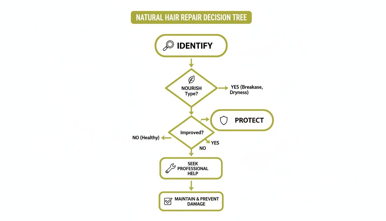 A natural hair repair decision tree flowchart guiding users through steps like identify, nourish, and protect hair.