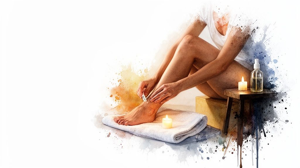 Woman shaving her leg, surrounded by candles and essential oils in a watercolor style.