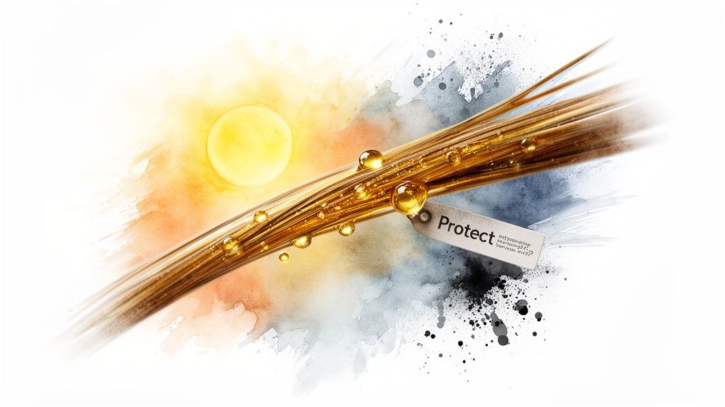 Golden hair strands with oil droplets, sun, and a 'Protect' tag against watercolor backgrounds.