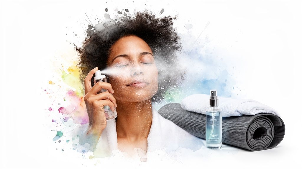 Woman spraying her face with a refreshing mist, next to a yoga mat and spray bottle.
