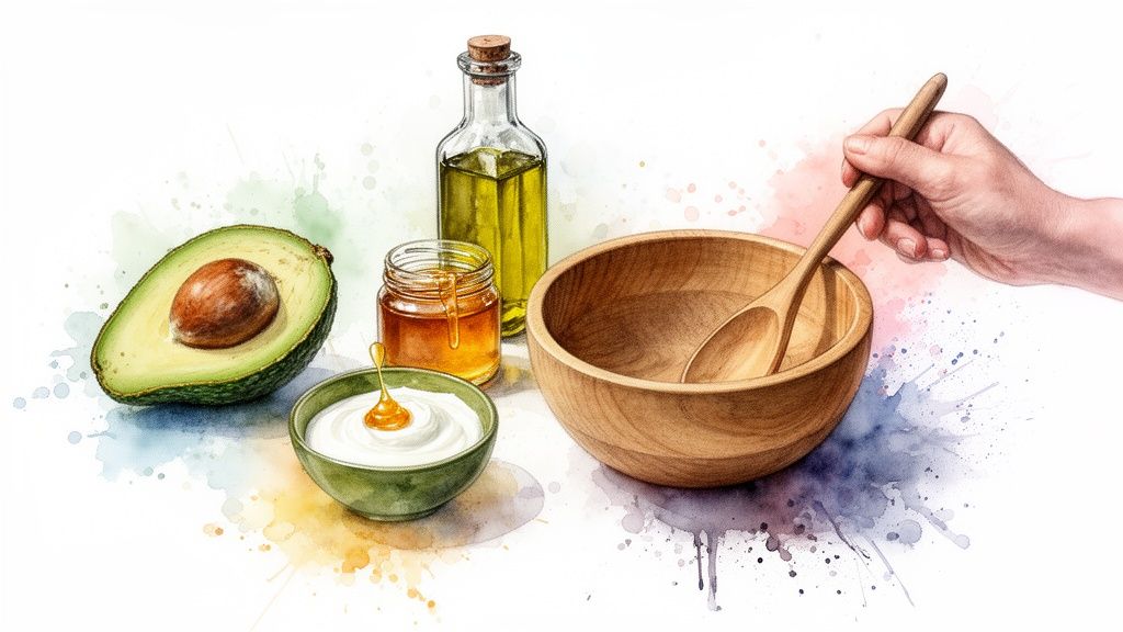 Ingredients for a natural hair mask: avocado, honey, oil, yogurt, wooden bowl, and spoon.