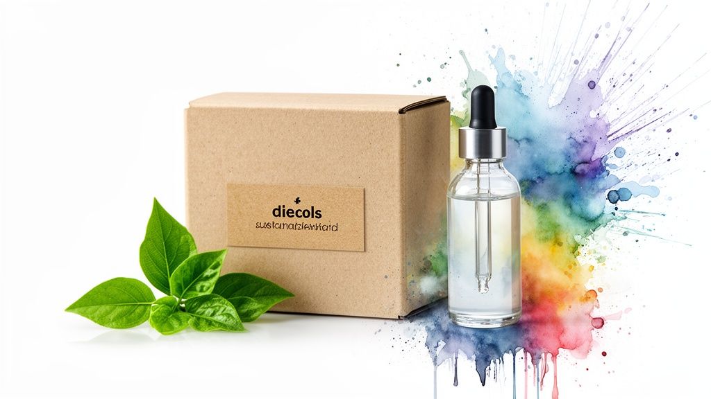 Dropper bottle, brown 'diecols' box, green leaves, and vibrant watercolor splash on white background.