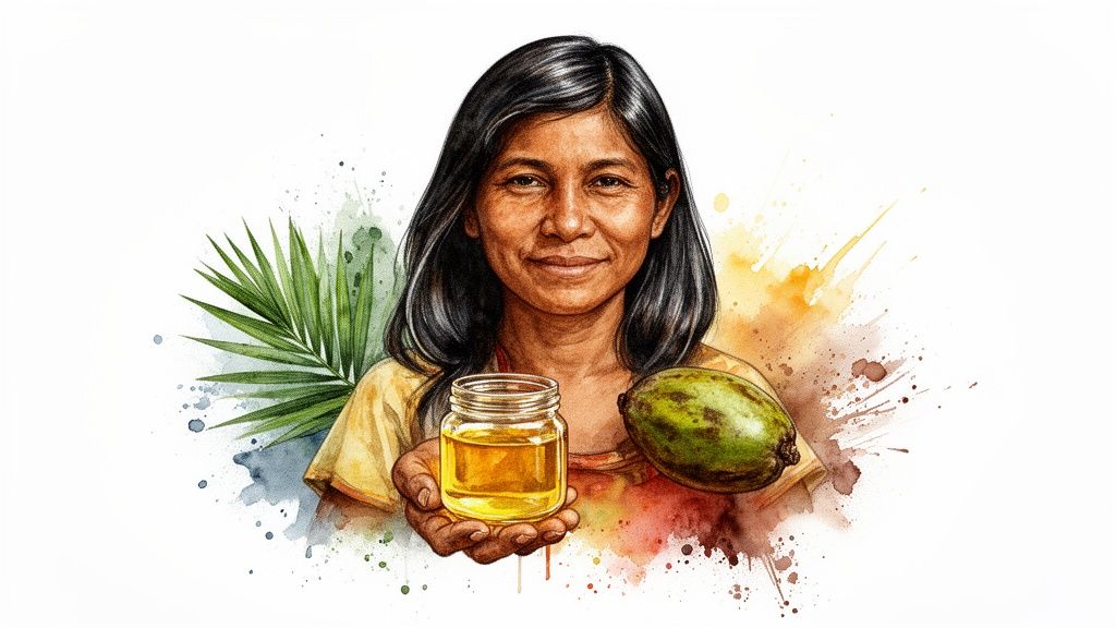 Watercolor illustration of an indigenous woman holding a jar of golden oil and a green tropical fruit.