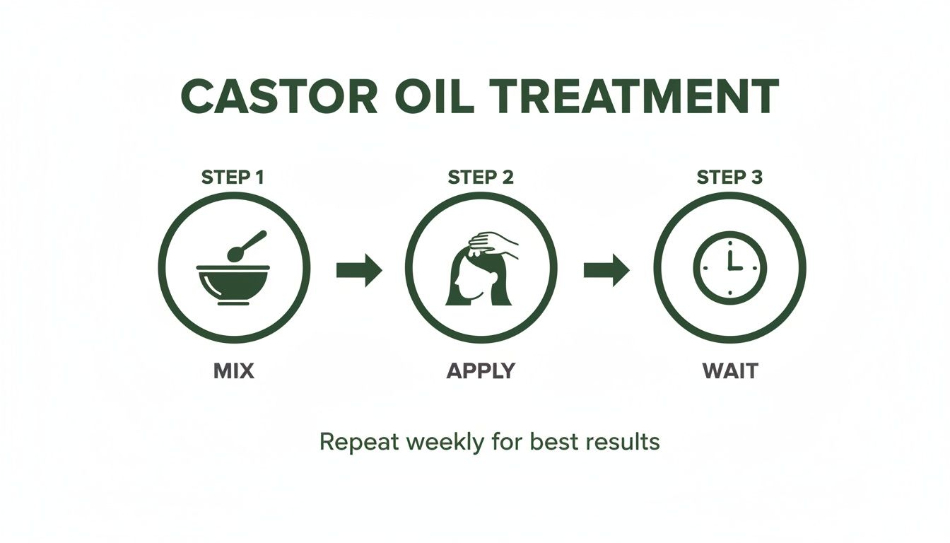 Visual guide for castor oil hair treatment with three steps: mix, apply, and wait for best results.