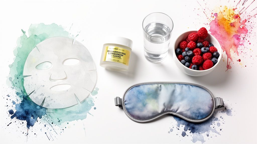 A flat lay of a sheet mask, brightening cream, fresh berries, water, and sleep mask for a skincare routine.