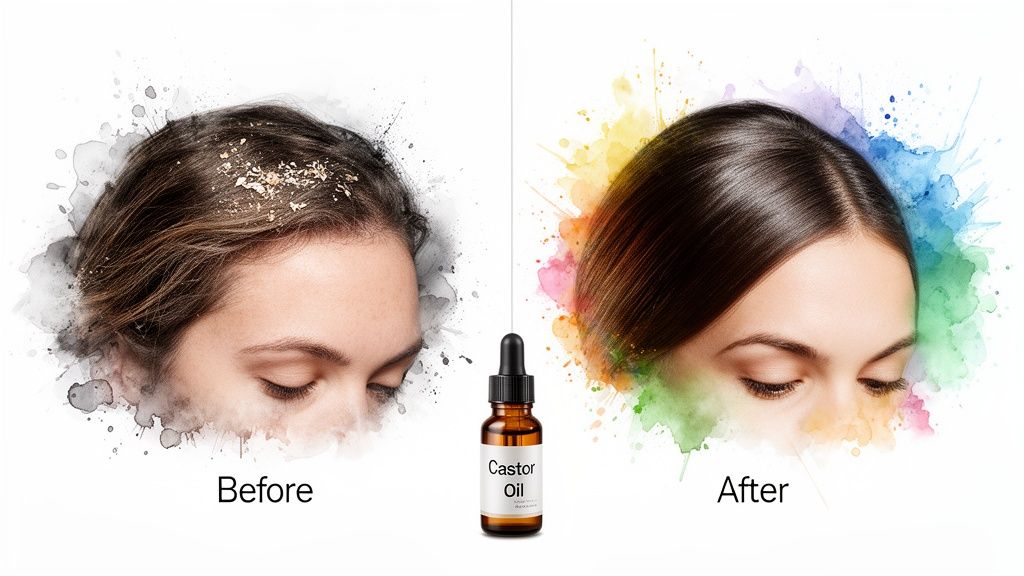 Before and after image showing castor oil transforming a dry, flaky scalp into healthy, shiny hair.