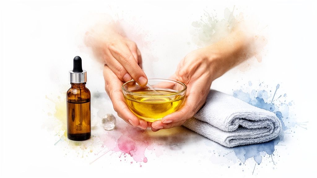 Hands holding a bowl of natural yellow oil, beside a dropper bottle and soft white towel.