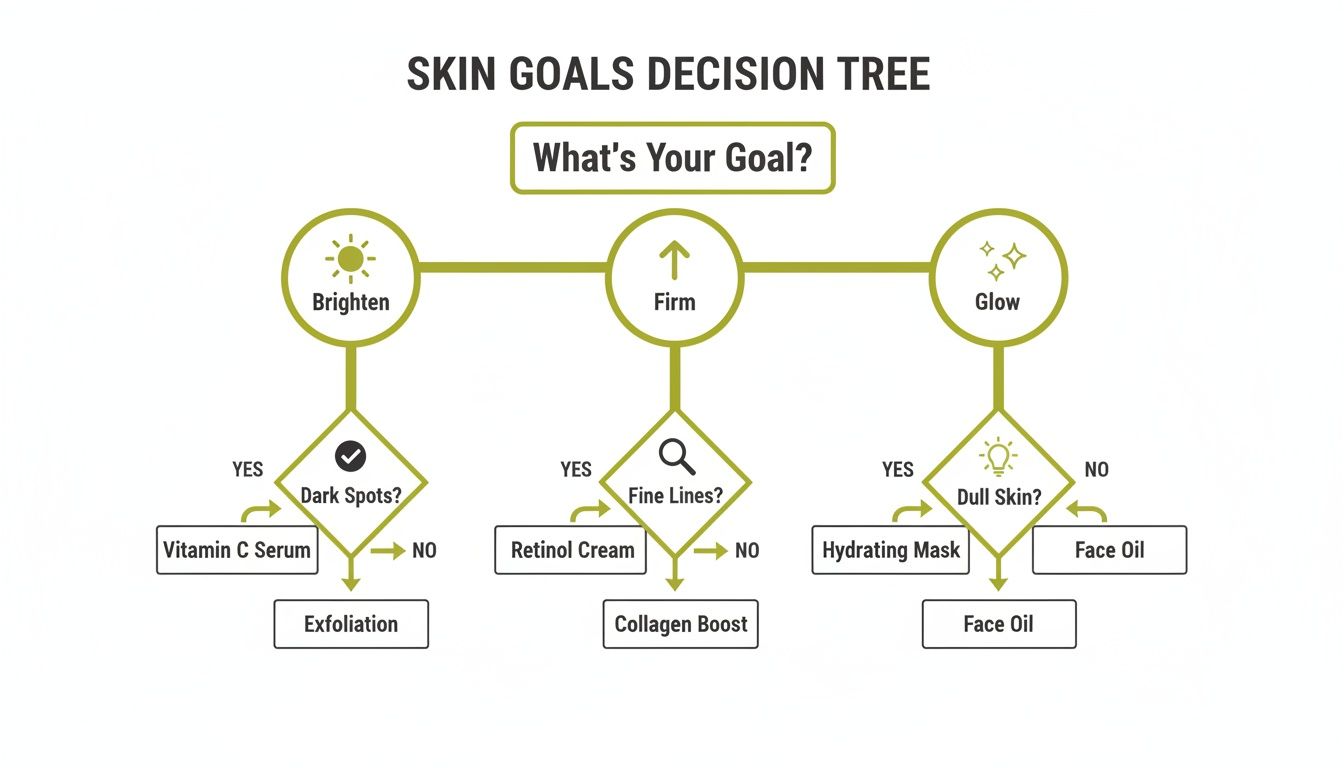 A skin goals decision tree flowchart guiding product choices for brightening, firming, and glowing skin.