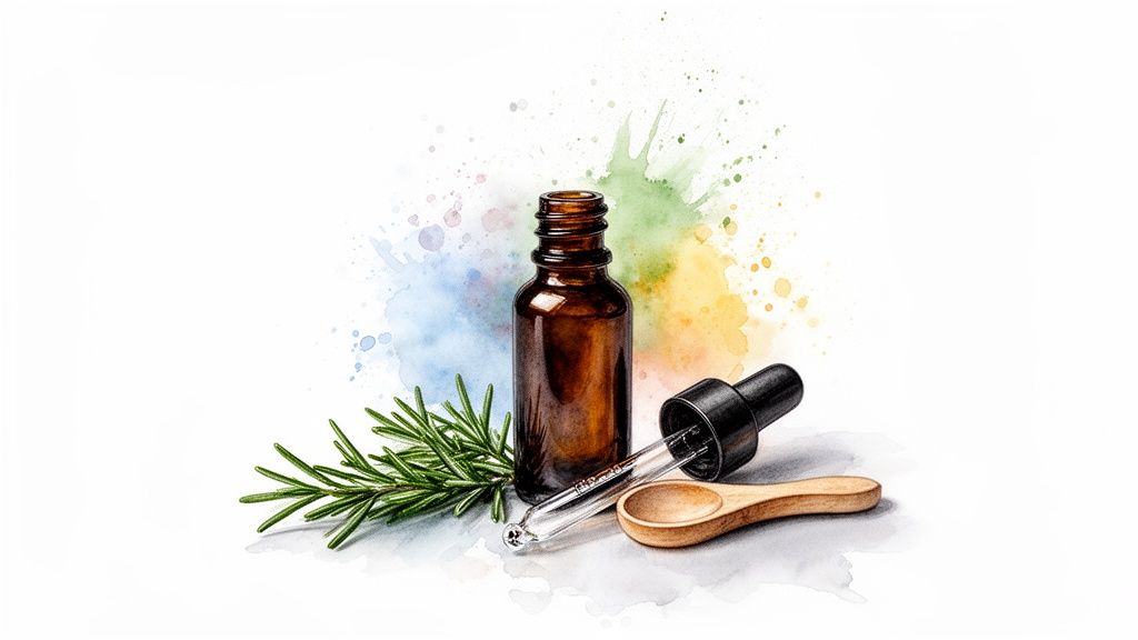 Rosemary essential oil bottle with a dropper, wooden spoon, and fresh rosemary sprig.