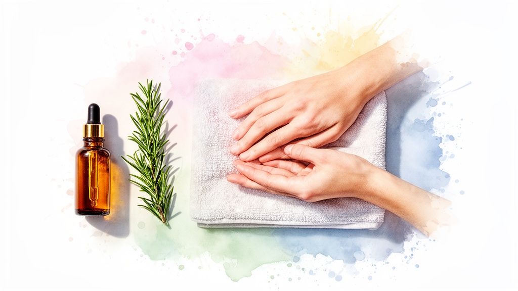 Rosemary oil bottle, fresh rosemary sprig, and hands on a towel, symbolizing natural hair care.