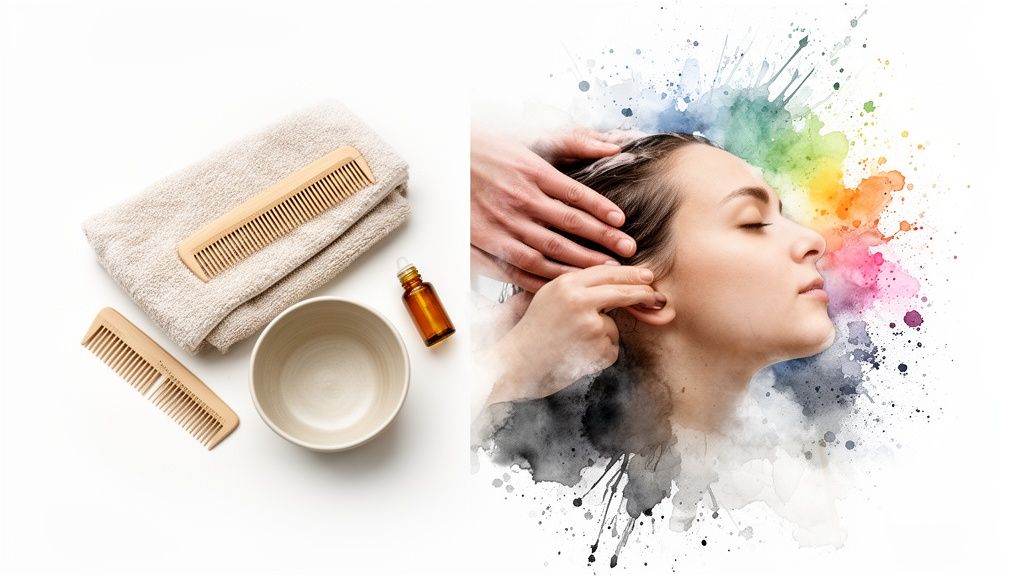 Hair care essentials with combs, towel, oil, and a woman enjoying a head massage.