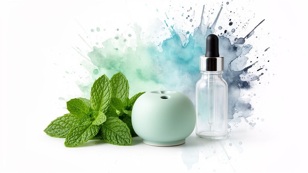 Fresh mint leaves, a ceramic essential oil diffuser, and a dropper bottle for aromatherapy.