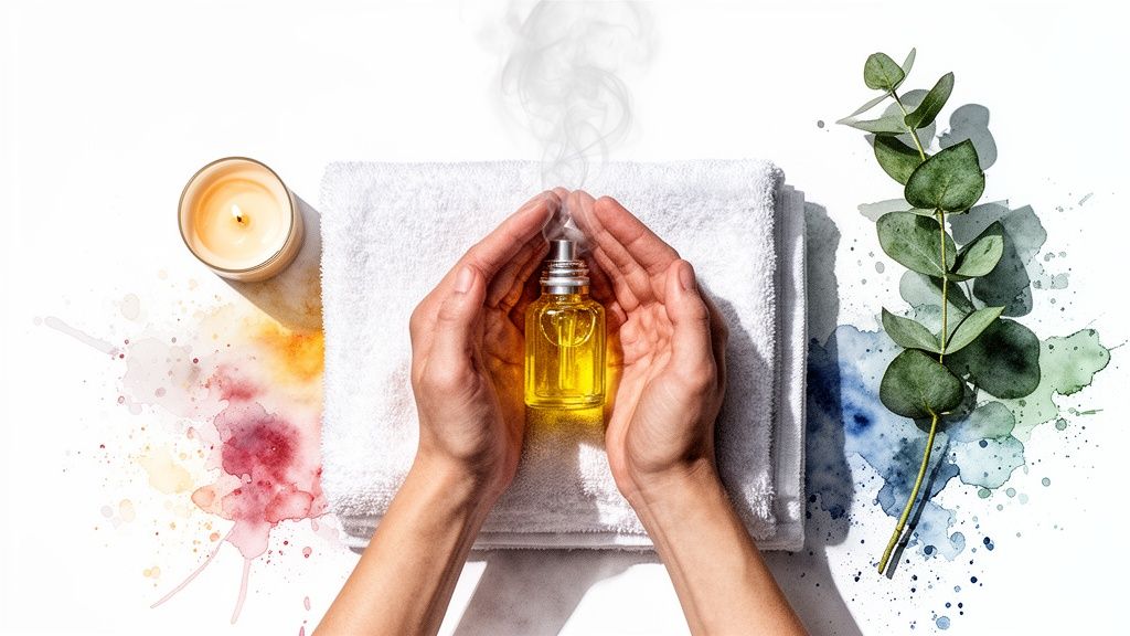 A person's hands cup a yellow essential oil bottle with steam, alongside a lit candle and eucalyptus branch.