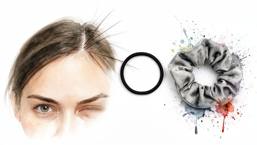 Watercolor illustration of a woman's face with hair showing flyaways, a black hair tie, and a gray scrunchie with colorful splashes.