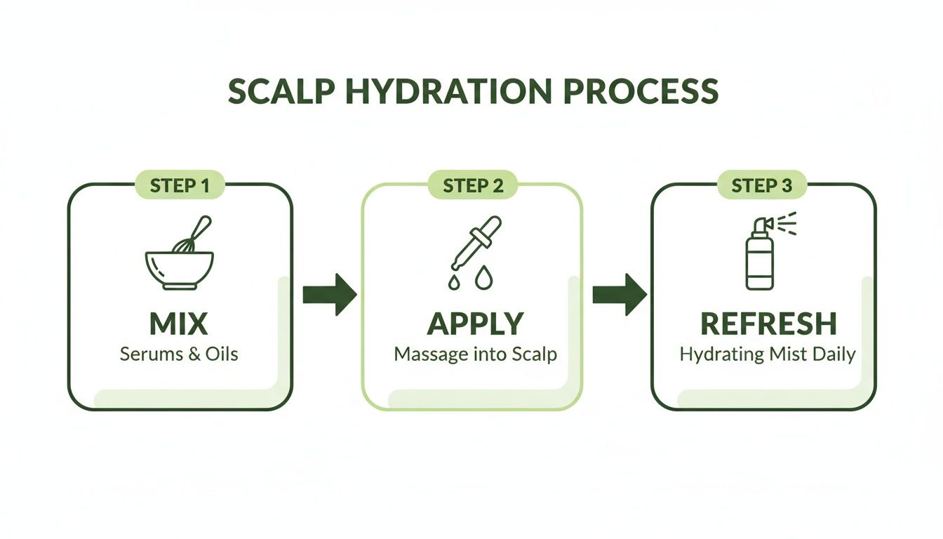 A three-step diagram illustrates the scalp hydration process: mix serums, apply to scalp, and refresh daily.