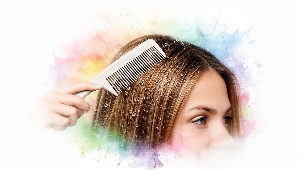 A woman brushing her shiny wet hair with a comb, surrounded by vibrant watercolor art.