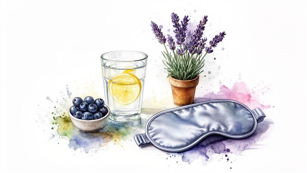 Watercolor illustration of a sleep mask, lavender plant, lemon water, and blueberries, representing a calming routine.