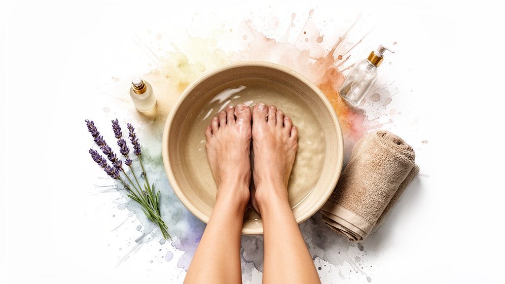 A relaxing foot spa scene with feet soaking in a bowl, lavender, essential oils, and a soft towel.