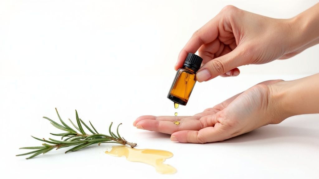 Hands apply rosemary essential oil from a dropper bottle into a palm, with a rosemary sprig.