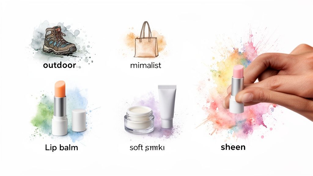 Visual collage displaying a hiking boot, a tote bag, different lip balms, and beauty creams with labels.