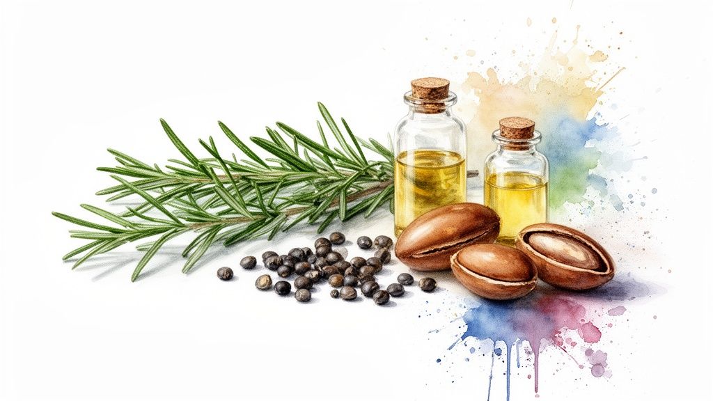 Rosemary sprigs, essential oils in bottles, peppercorns, and argan nuts on a white background with watercolor splashes.