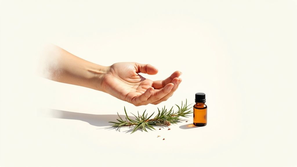 A hand reaching towards rosemary sprigs and an amber bottle of essential oil.