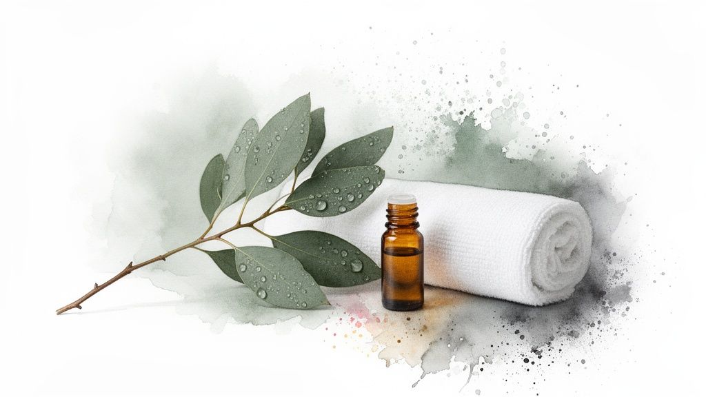 Eucalyptus branch with water droplets next to an essential oil bottle and a rolled white towel.