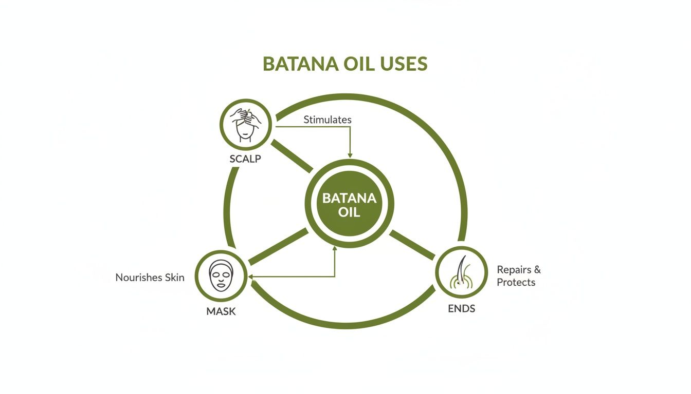A diagram illustrates Batana oil uses: stimulating the scalp, nourishing skin as a mask, and repairing hair ends.
