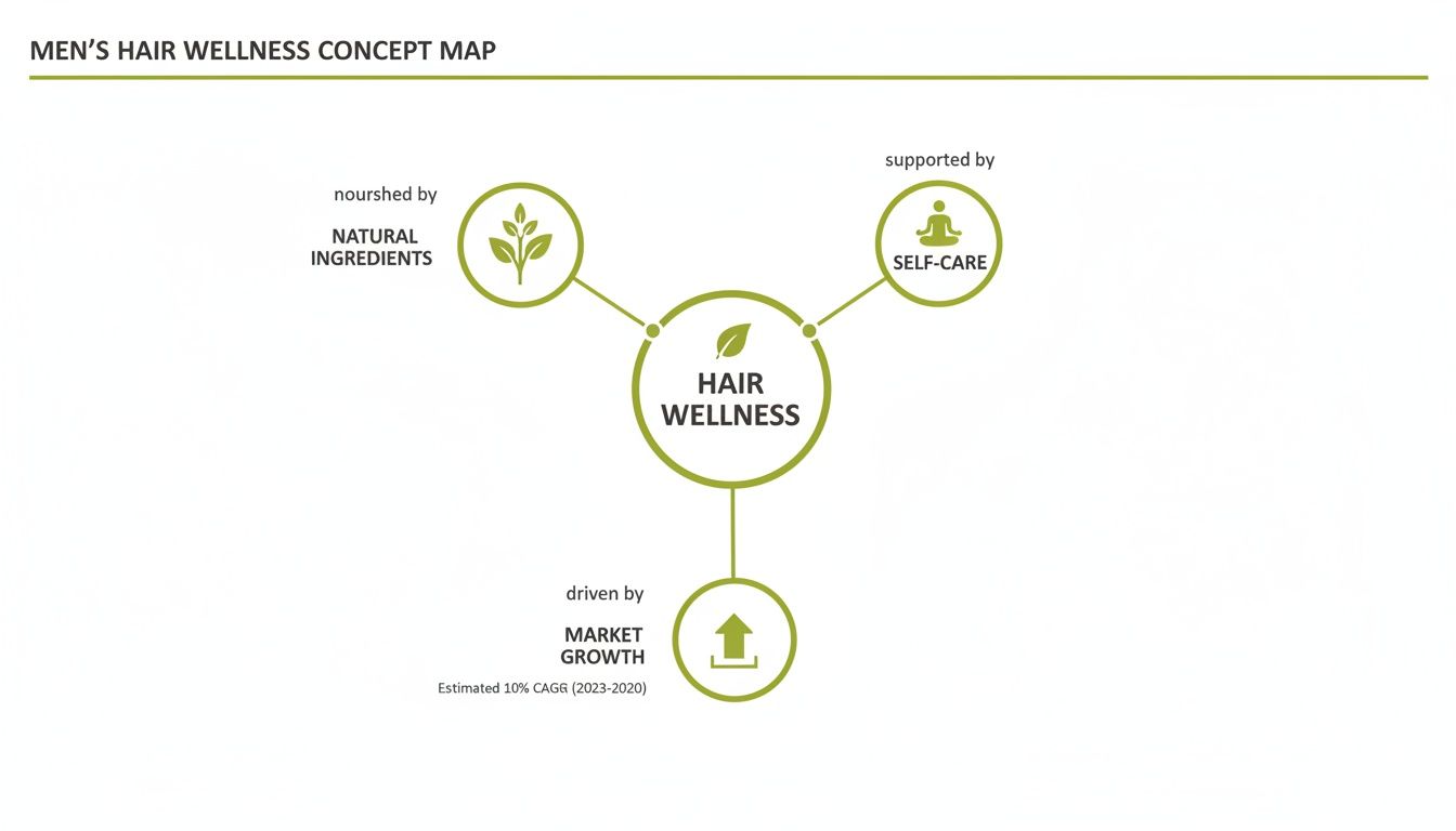 A concept map illustrates men's hair wellness influenced by natural ingredients, self-care, and market growth.