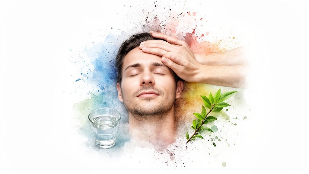 A man receiving a gentle head massage, surrounded by natural elements like water and leaves, symbolizing relaxation and wellness.