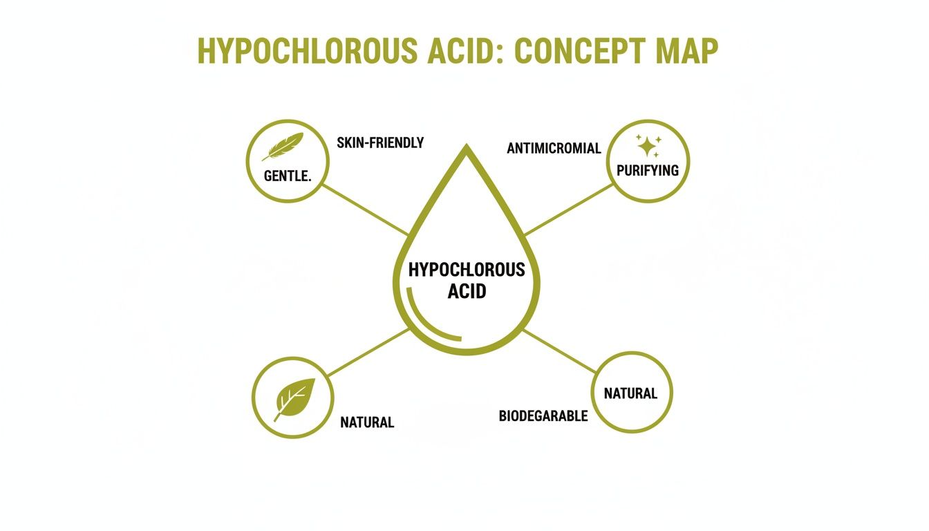 A concept map illustrates Hypochlorous Acid's benefits: gentle, skin-friendly, antimicrobial, purifying, natural, and biodegradable.
