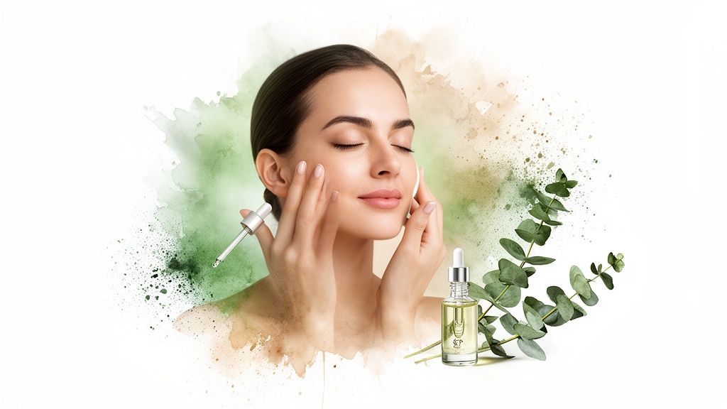 Smiling woman using a natural skincare product with a dropper bottle and eucalyptus plant.