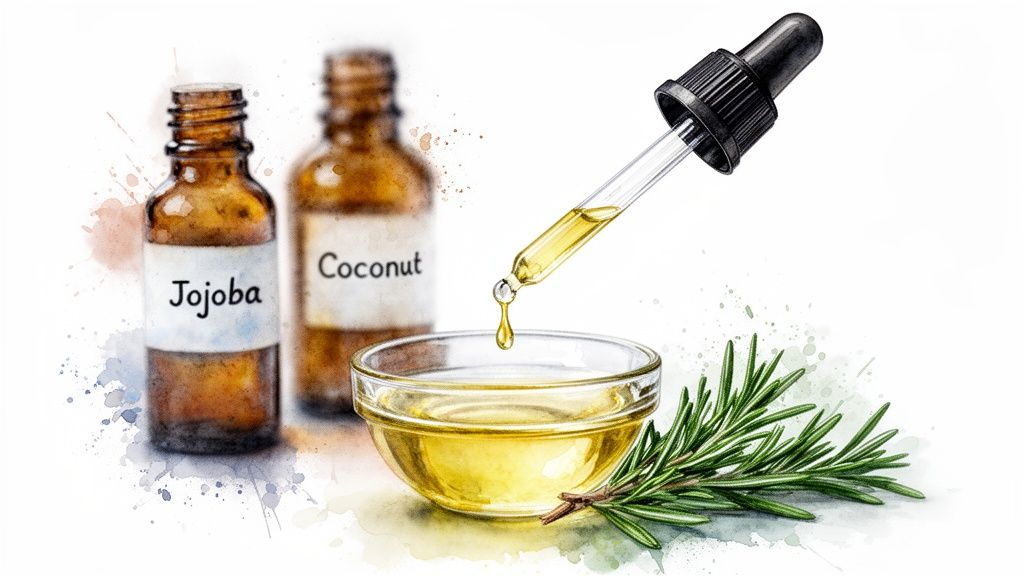 Natural oils: Jojoba, Coconut, and a dropper dispensing oil into a bowl with fresh rosemary.