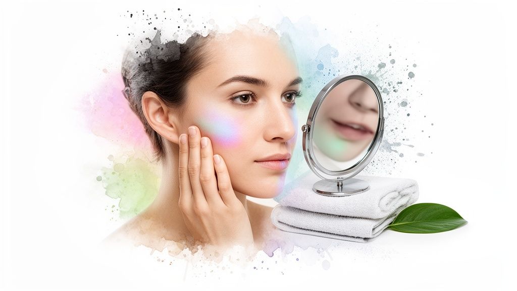 Woman with radiant, multi-colored skin, touching her cheek, beside a mirror, towels, and green leaf.