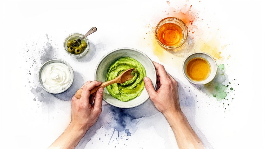 Hands stirring green avocado dip with a spoon, surrounded by olives, cream, and oil.
