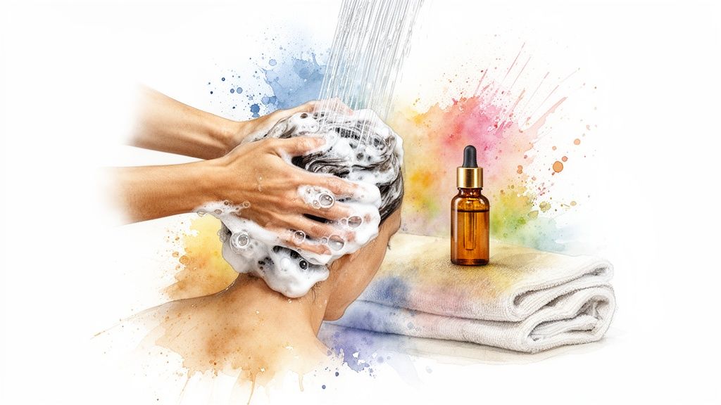 Hands washing hair with shampoo and water, with a dropper bottle and towels nearby.
