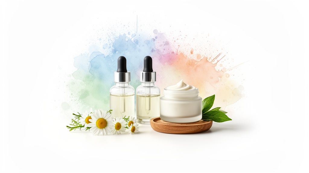 Natural skincare set with essential oil bottles, face cream, chamomile flowers, and green leaves.